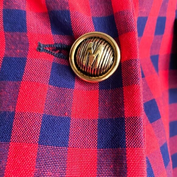 Vintage 90s Simin T Moschino Plaid Check Print Red Navy Blue Classic Blazer S - Picture 2 of 5